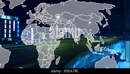 Displaying faint world map overlaying highway at night, with concrete barriers lamps blue-lit tower Stock Photo