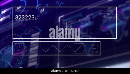 Displaying two clear HUD panels centered on dark console, showing 823223, waveform and globe Stock Photo