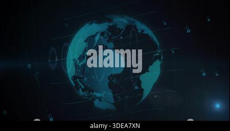 Rotating digital Earth globe showing dotted mesh gridlines in virtual dashboard, padlock icons Stock Photo