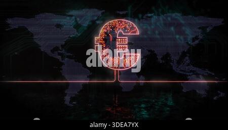 Glowing euro mic emblem projecting circuitry on cyber stage with dotted world map and red bar Stock Photo