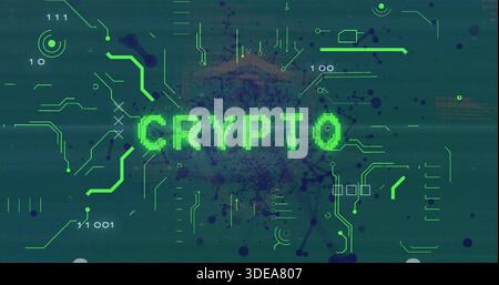 Showing pixel green CRYPTO glowing over dark ink splatter displaying neon circuit traces binary HUD Stock Photo
