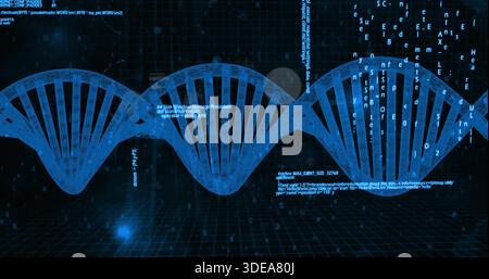 Floating blue double helix pulsing across virtual 3D grid plane, showing code streams and nodes Stock Photo