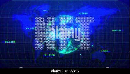 Showing HFT letters floating over virtual globe with arc, numbers, flares, particles, triangles Stock Photo