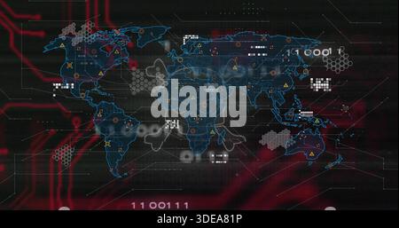 Displaying neon blue world map with hex clusters, nodes, warning icons on dark dashboard Stock Photo