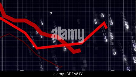 Displaying thick red zigzag line across dark navy grid, showing thin red line and binary digits Stock Photo