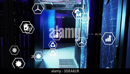 Lighting central row of server cabinets glowing in cooled data center, with AR hexagonal overlays Stock Photo