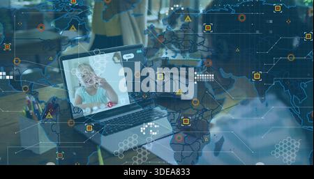 Showing laptop screen, girl in blue shirt raising hand during remote lesson at home, map overlay Stock Photo