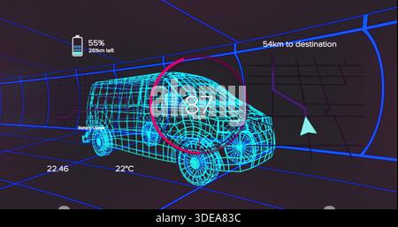Displaying cyan wireframe van model inside VR tunnel, with speed gauge battery nav telemetry Stock Photo