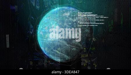 Projecting holographic globe pulsing teal wireframe over hex mesh in control room, showing code Stock Photo