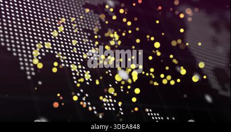 Glowing abstract yellow gold bokeh cluster drifting on data dashboard, with white dot map clusters Stock Photo