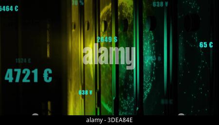 Displaying metal slats and wire globe shifting on finance dashboard, with floating currency labels Stock Photo