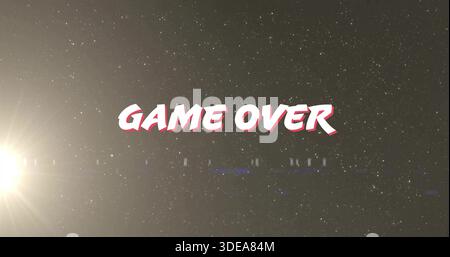 Displaying centered stylized GAME OVER text floating over star specks, with bright left lens flare Stock Photo