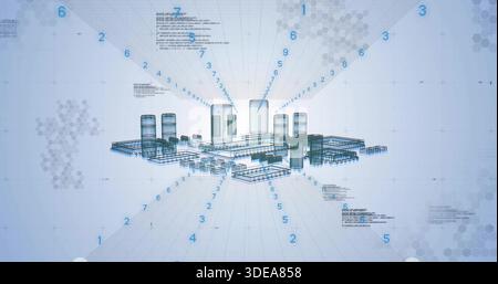 Displaying 3D wireframe industrial facility on light blue grid, showing tanks racks numeric markers Stock Photo