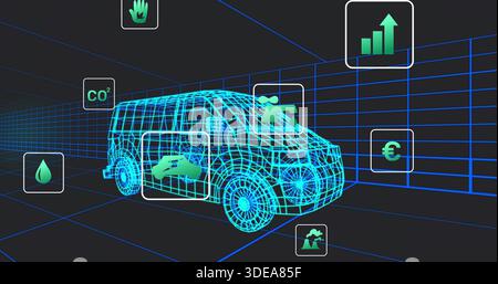 Displaying cyan wireframe van model inside blue grid tunnel, showing floating CO2 and euro icons Stock Photo