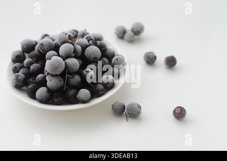 Frozen blackcurrants in a white ceramic bowl on a light background. Minimalist composition. Perfect for healthy food illustrations, vegan recipes and Stock Photo