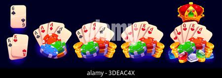 Casino poker game rank badges and gambling awards for jackpot bingo, vector set. Casino game ranking badges with poker cards and gambling chips with aces and golden crown with gems for bingo jackpot Stock Vector