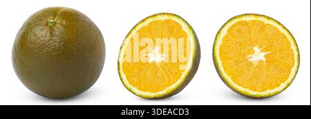 Whole chocolate orange fruit and two halves of chocolate orange isolated. Collection of chocolate orange fruits. Half of chocolate orange. Stock Photo