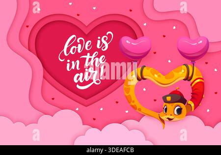Love is in the air Valentine day paper cut greeting card with cute heart shaped snake floating in pink clouds, lifted by balloons and surrounded by small hearts on layered papercut vector background Stock Vector