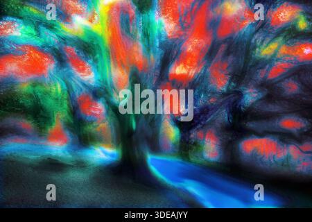 A vivid, dreamlike abstract image of a forest, featuring swirling colors, luminous reds, greens, and blues, creating a sense of motion and mystery Stock Photo