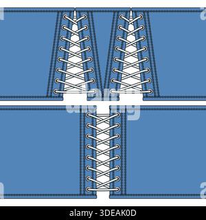 Set of color illustrations featuring denim laced corset. Isolated vector objects on white. Stock Vector