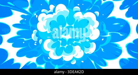 Cartoon manga anime battle effect blue background. Dynamic explosion with smoke clouds, light beams and dotted halftone texture in comic style. Bright vector energetic, powerful burst pop art effect Stock Vector