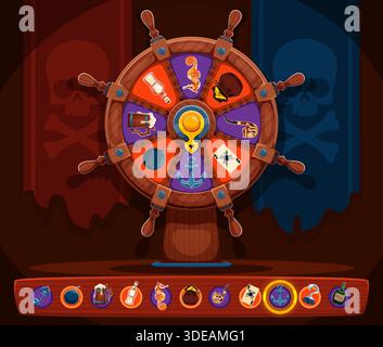 Pirate corsair fortune wheel wooden spin like ship steering wheel with nautical handles. Wheel face divided into sections with anchors, hats, seahorses, mugs, weapons. Casino or adventure game object Stock Vector