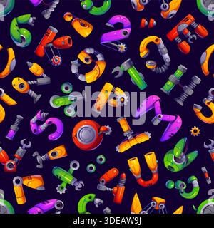 Robot hand font and gear wheel typeface letters in seamless pattern, vector background. Cartoon robot hand font letters of mechanic parts or cyborg machine and robotic arm typeface pattern for kids Stock Vector