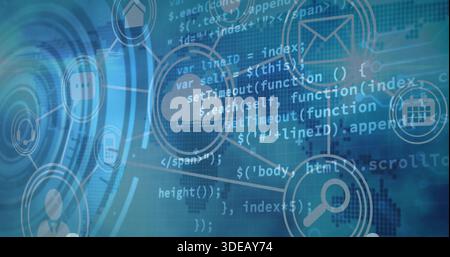 Displaying central interface merging code fragments with circular UI icons over pixelated world map Stock Photo