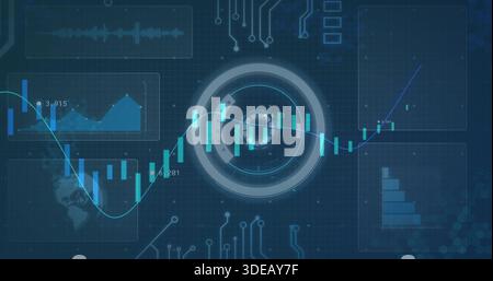 Displaying central circular HUD showing teal candlestick chart with blue trend line on screen Stock Photo