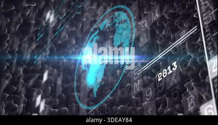 Glowing cyan-teal globe emitting lens flare within dotted ring in virtual UI, showing 2013 glyphs Stock Photo