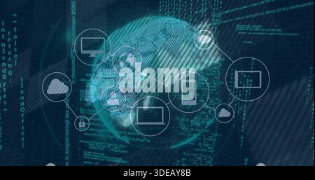 Displaying digital globe connecting device and service icons in virtual space, showing code streams Stock Photo