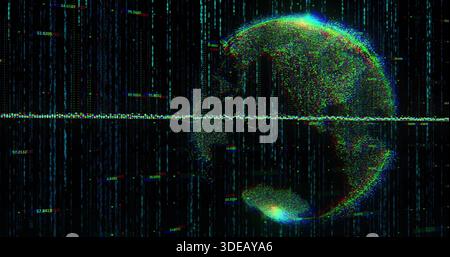 Showing point-cloud globe on right rotating in dark terminal, with waveform, neon lines and labels Stock Photo