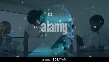 Projecting blue 3D wireframe head over conference table, business casual team using laptops Stock Photo