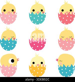Cute Easter hatching chickens in colored eggs Stock Vector