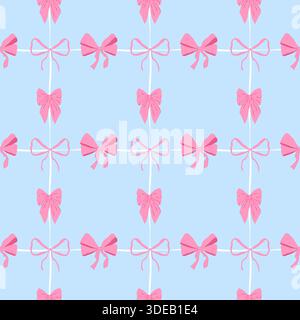 Seamless pattern with ribbons on blue background. Cute romantic elements on diagonal grid background Stock Vector