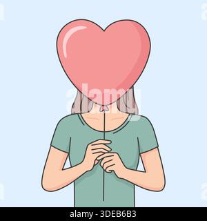 Young woman holding a heart-shaped balloon covering her face.Be my Valentine art concept with love balloon for Happy Valentine's Day for greeting card Stock Vector