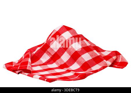 Closeup of a red and white checkered napkin or tablecloth texture isolated on white background. Kitchen accessories. Top view. Stock Photo