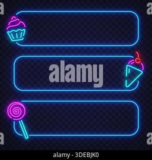Neon vector set of horizontal frames with cupcake, ice cream, and candy icons. Perfect for price lists, cafe menus, and food presentations. Stock Vector