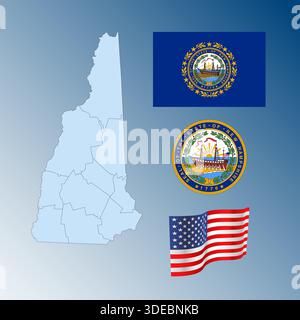New Hampshire US federal state waving flag, seal and map, United States, vector illustration Stock Vector