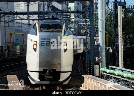 Tokyo, JAPAN - March 29, 2024: Narita Express E259 train arriving at Shibuya Station in Tokyo. Stock Photo
