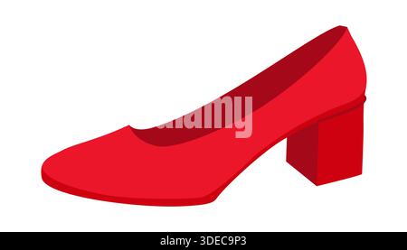Red block heel pump shoe women flat. Closed toe dress shoe for party, celebration, event look, capsule wardrobe. Technical fashion illustration, CAD mockup, smooth vector men unisex isolated style. Stock Vector