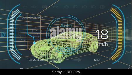Displaying centered neon green wireframe car model in virtual cockpit HUD, with 18 km or h readout Stock Photo