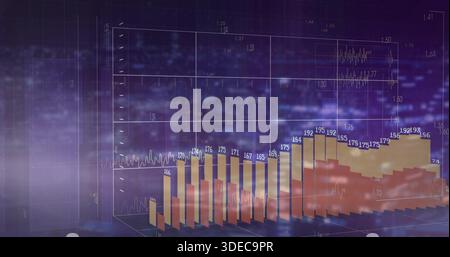 Displaying 3D bar chart rising from reflective grid at dashboard, showing numeric labels, waveform Stock Photo