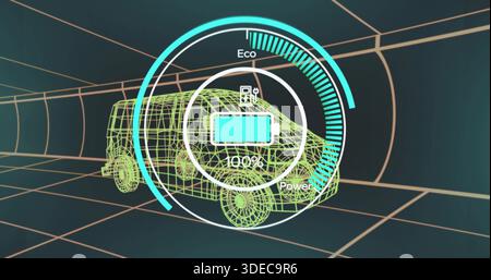 Displaying 3D wireframe van model charging in virtual tunnel, with circular UI showing 100% Stock Photo