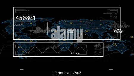 Displaying world-map dashboard on console, showing two white frames, waveform, numeric 450801 Stock Photo