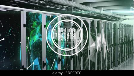 Displaying rack servers with glass doors glowing in data center aisle, HUD overlay showing readouts Stock Photo