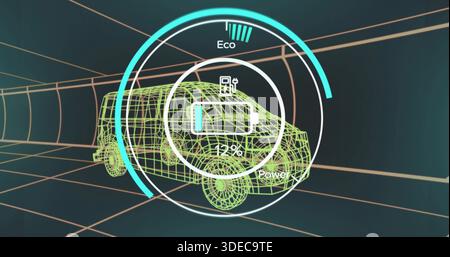 Displaying neon green SUV centered in tunnel, showing circular HUD battery plug 12% Stock Photo