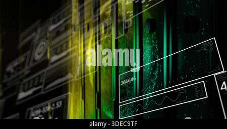 Displaying rack-mounted server column flashing LED indicators inside data center, with HUD overlays Stock Photo