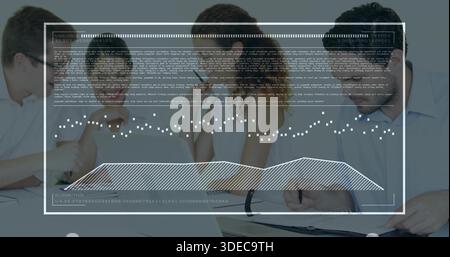 Leaning five office workers in shirts reviewing reports at white table in office, with HUD overlay Stock Photo