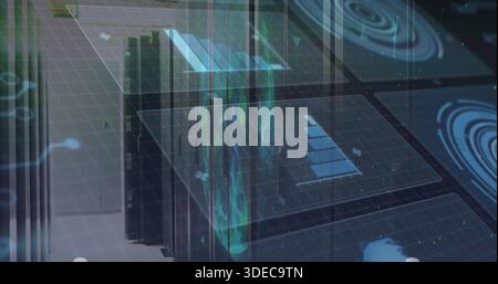 Displaying server racks in data center projecting holographic UI, waterfall data, LED lights Stock Photo